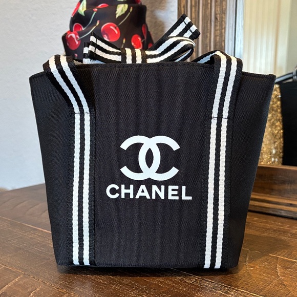 CHANEL Black gift bag with White Logo and Striped Handles 6.5”X6.5”X3” - Picture 1 of 8